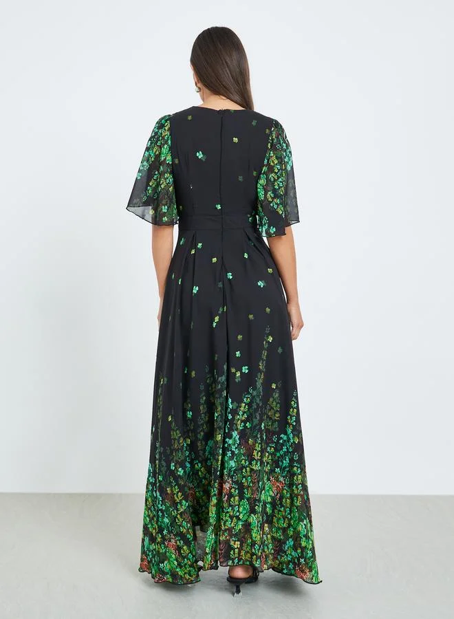 Styli  Women Green Floral Print A-Line Maxi Dress for Women | Best Price UAE